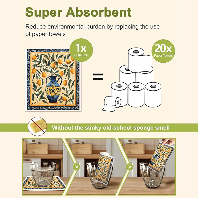 6PCS Vase Printed Eco-Friendly Swedish Dishcloths Dish Rags Absorbent Dish Towels Kitchen Reusable Washable Cleaning Wipe Cloths