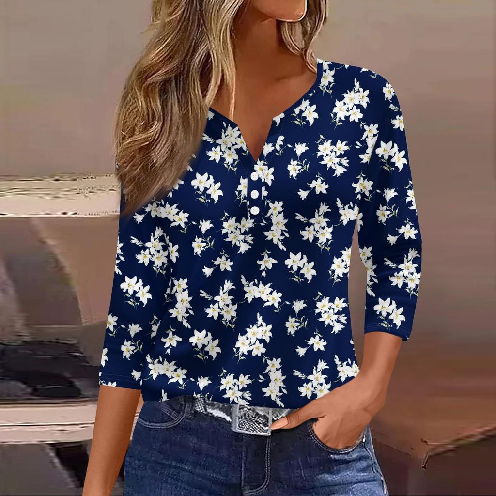 Ladies Casual Fashion V-neck Loose Versatile Floral Print Three-quarter Sleeve Top
