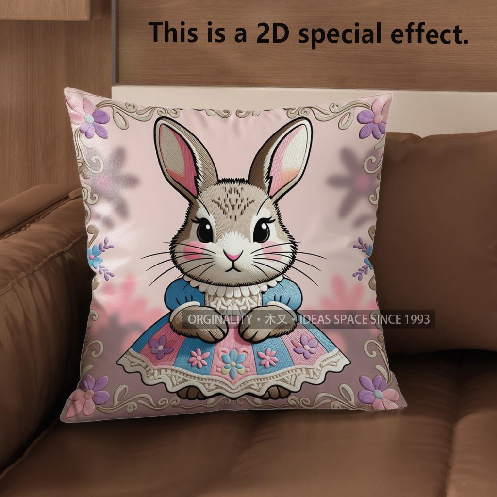 2D Cute Dressed Rabbits Pillowcase For Home Decor Pattern Cushion Cover Suitable For Sofa Bedroom Car Pillow Cover