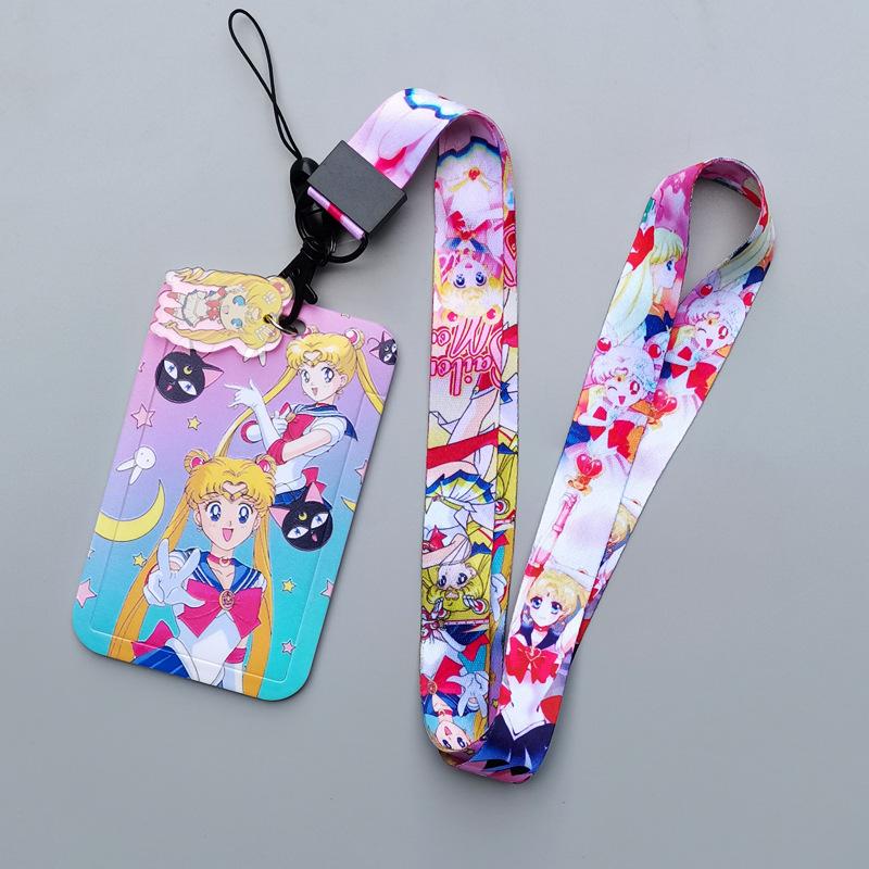 Cartoon Sailor Moon Kawaii PVC Card Cover Student Campus Hanging Neck Bag Card Holder Lanyard ID Card Holders Key Chain