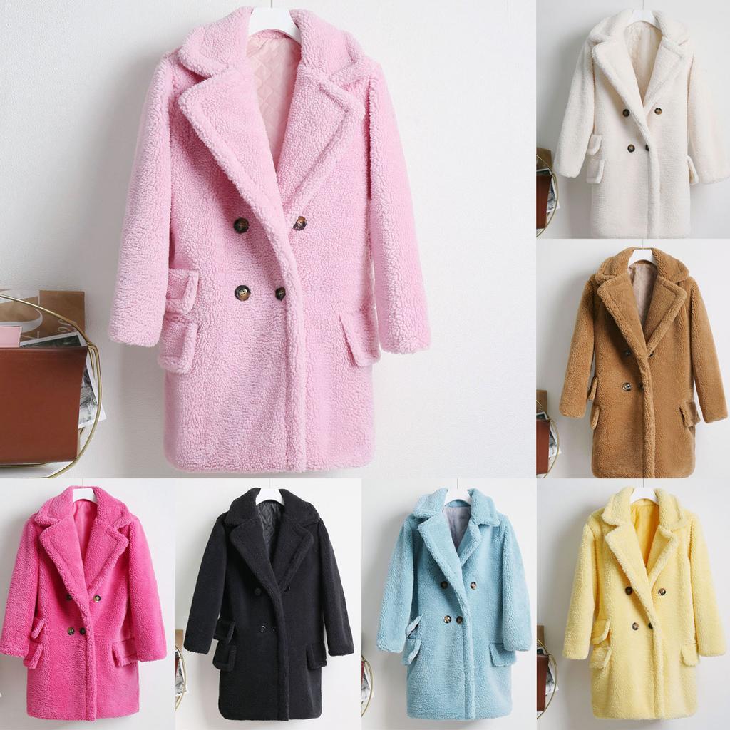 Fashion Women Solid Medium Turn-Down Collar Warm Plush Coat