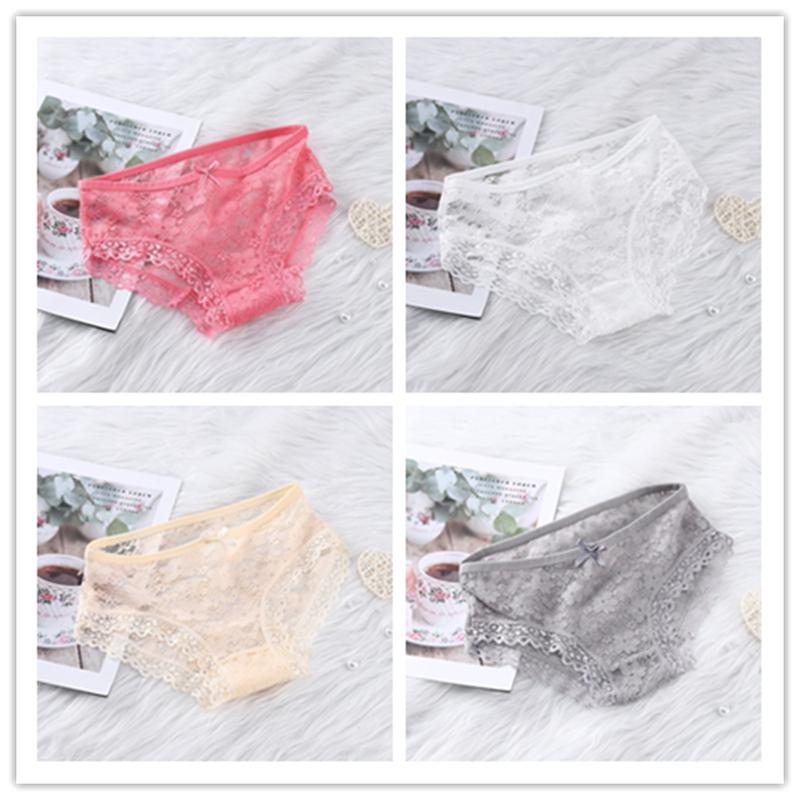 Girls' Sexy Lace Briefs Breathable Underwear with Butterfly Knot Carved Mid Air Waist Knickers Solid Color Women's Triangle Panties