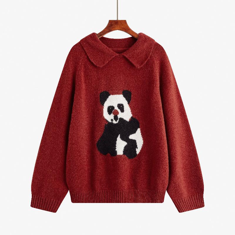 

Женский свитер с воротником-куклой и жаккардом больших размеров с свободной вязкой XXXL пурпурно красный