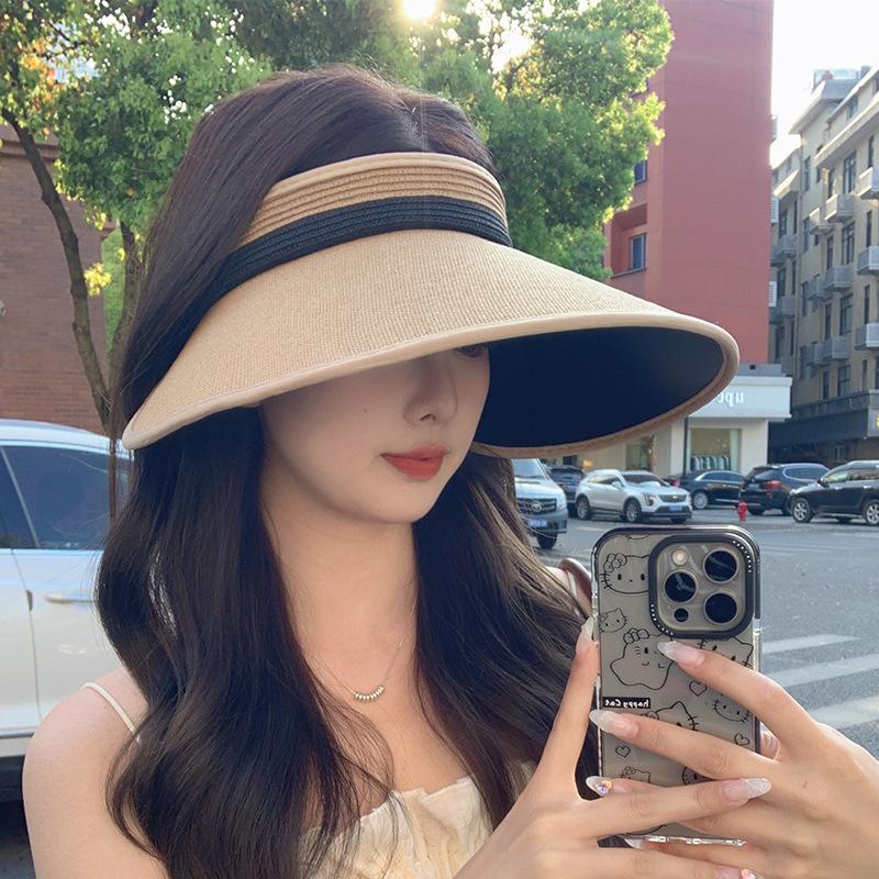 Wide-brimmed open-top straw hat for women, summer travel UV protection sun hat, beach straw woven black-coated sunscreen hat