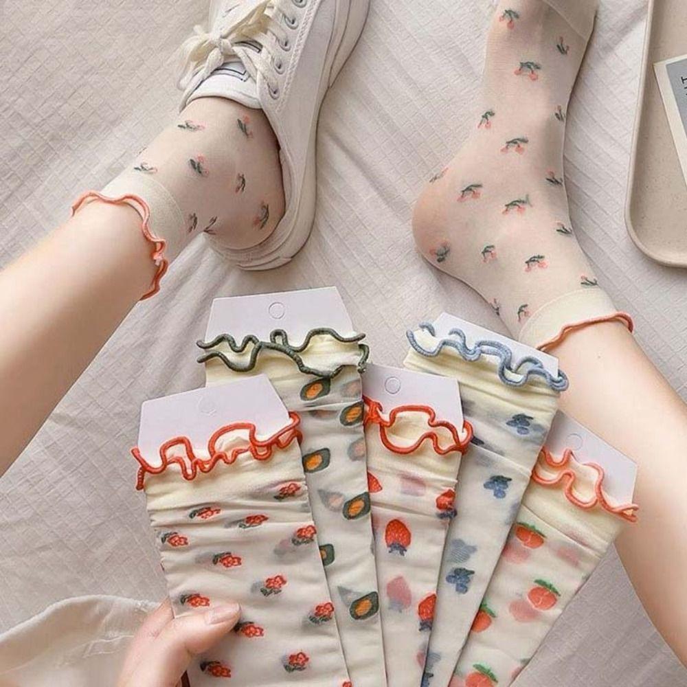 Cherry Strawberry Glass Silk Ruffle Socks Avocado Fruit Mesh Tulle Mid Tube Socks  Streetwear
