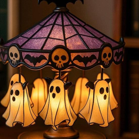 Duchový kolotočové světlo Vitrážový kolotoč Noční světlo s plovoucím duchem Halloweenská stolní lampa na čtení do ložnice krbová římsa stolní dekorace