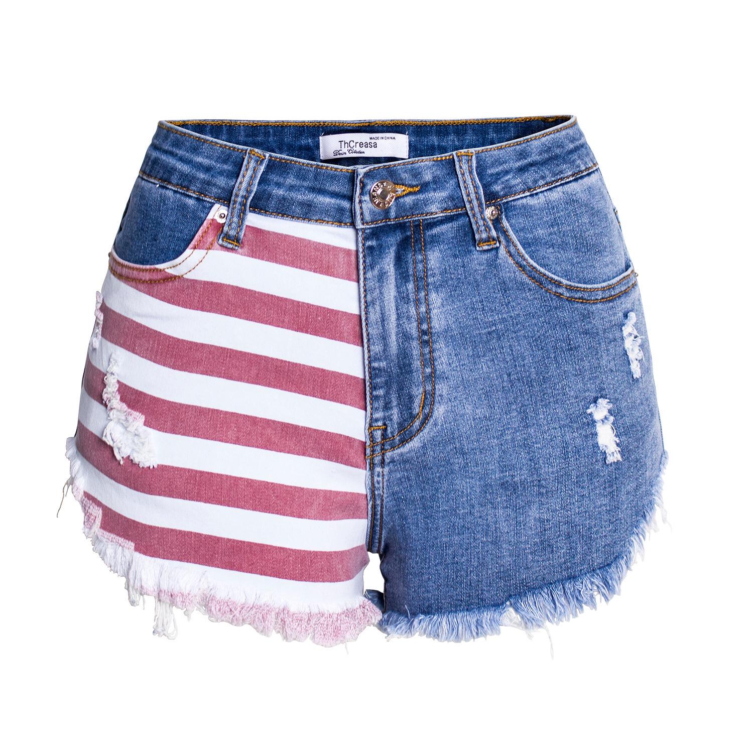 Women s European & American Color Block Striped Star Print Ripped Denim Shorts XL EU (40)
