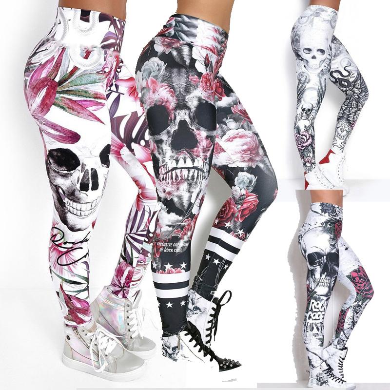 

женщины Мода Весна Весна Случайные Tight Leggings Череп Печатные Тонкий йога Брюки Собирать Waist Stretchy Брюки Плюс Размер