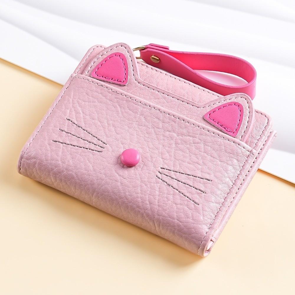Cute Short Cat Wallet Zipper Multi Card Position Cartoon Wallet Pu Leather with Lanyard Student Card Coin Purse Girls