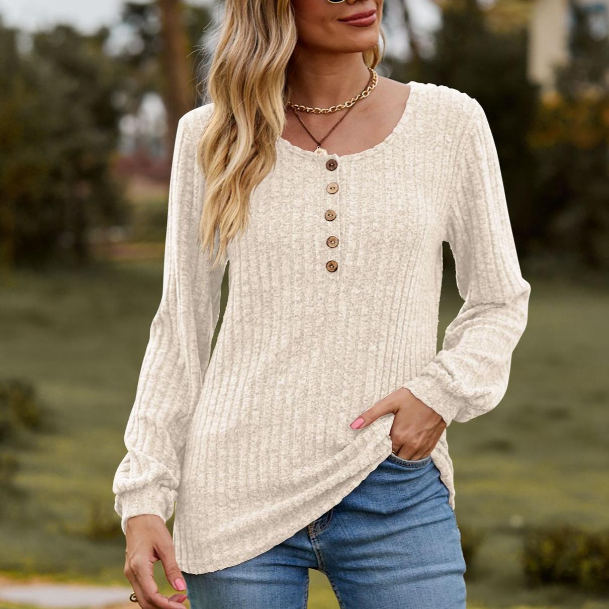 

Женская осенняя трикотажная футболка-фонарик с длинным рукавом и круглым вырезом на пуговицах, однотонный ребристый трикотажный пуловер, повседневные топы XL