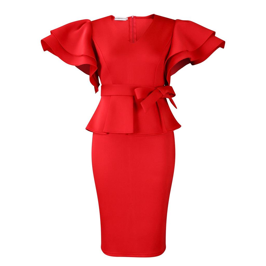 Elegant Ruffle Solid Color Party Dress - African Style