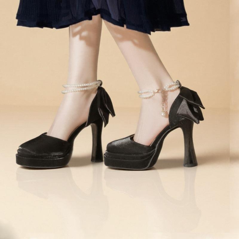 Κοίλα αδιάβροχα τραπέζι ψηλοτάκουνα χοντρό τακούνι γυναικεία 2025 άνοιξη και φθινόπωρο νέα φιόγκος ευέλικτα μονόκουμπα σαμπανιζέ παπούτσια γάμου