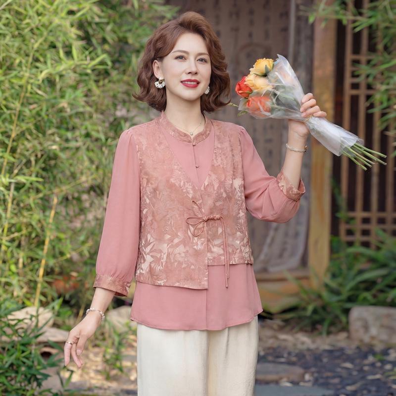 Stylish Summer Faux Two-Piece Silk Top for Middle-aged Women