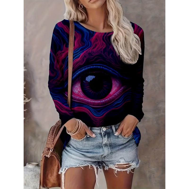 Womens Casual Abstract Print Long Sleeve Crew Neck T-Shirt 3D Effect 2025 Comfort Fit