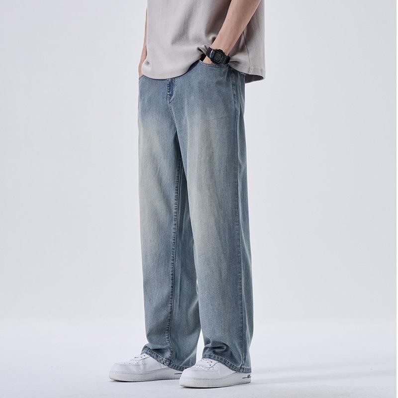 Summer Thin Men's Jeans Loose Straight Jeans Half-elastic Waist Buttons