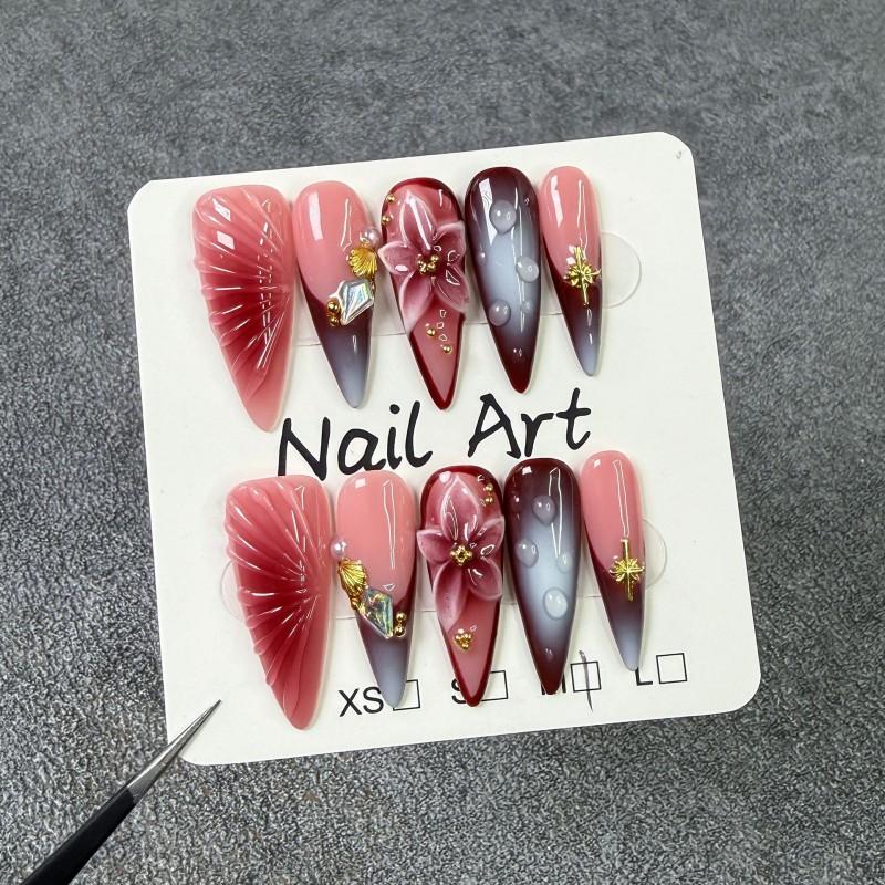 Long Press-On Nails With 3D Floral Cross Embossed French Design Sweet Chic Acrylic Nail Tips Small