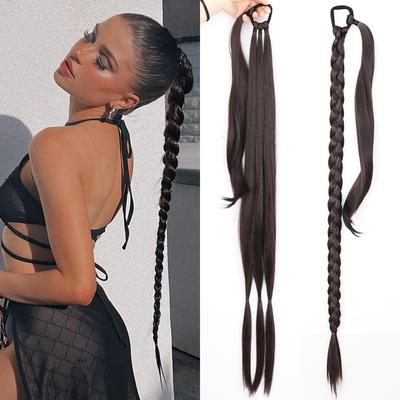 Long Synthetic Fiber 34 Inch Braided Ponytail Hair Extensions with Elastic Band Brown Black Hairpiece for Women