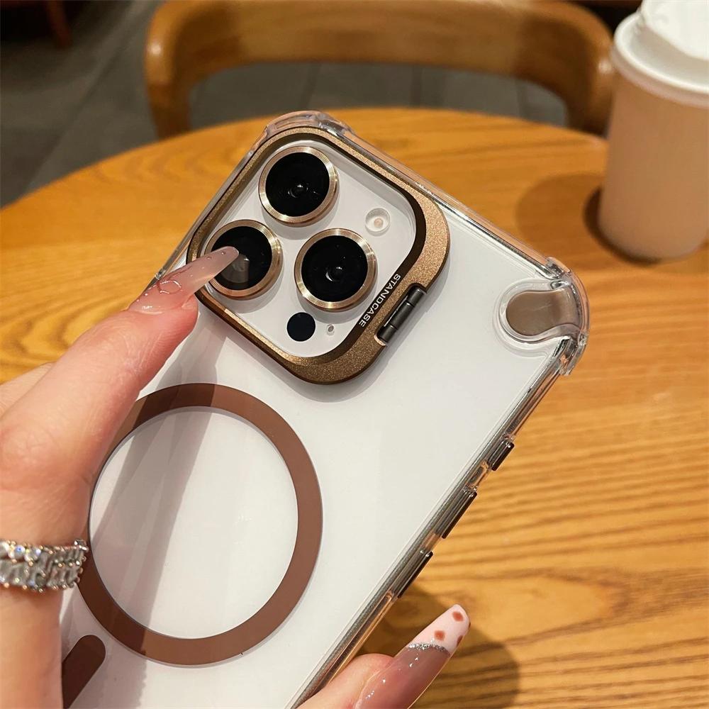 For Magsafe Shockproof Magnetic Phone Case for IPhone 17 16 15 Plus 14 13 12 Pro Max 17Air with Glass Lens Protect Stand Cover