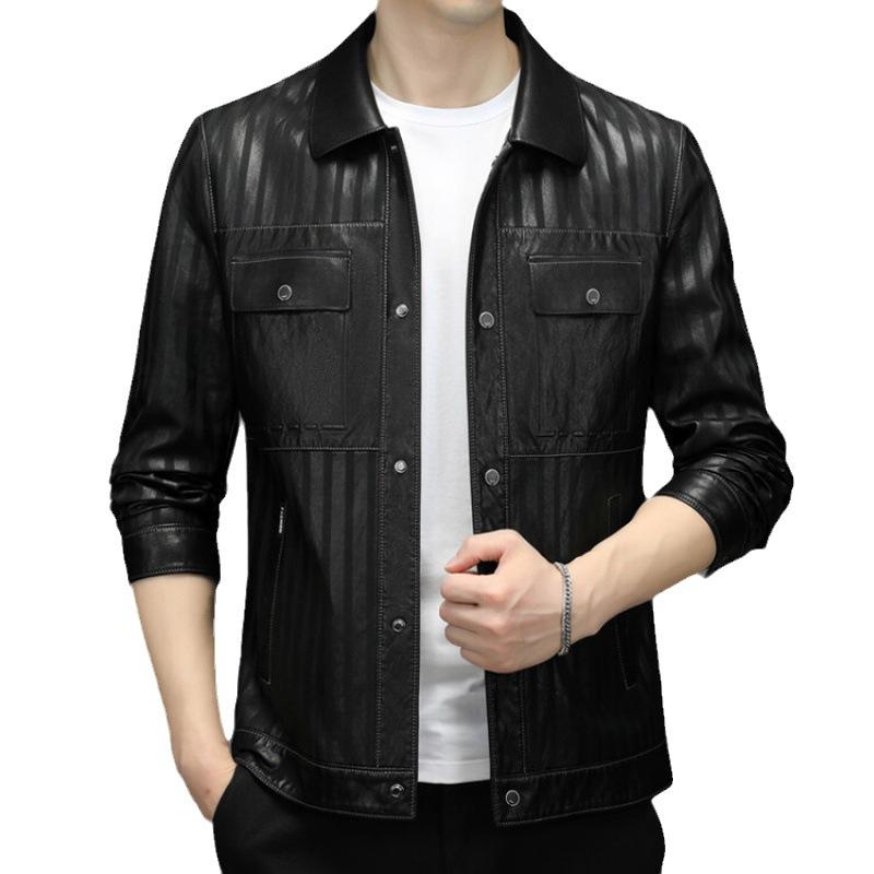 New Style Plush Leather Jacket for Spring and Autumn Wear Men's Slim Fitting Short Lapel Leather Jacket Middle-aged and Young Men's Warm Coat