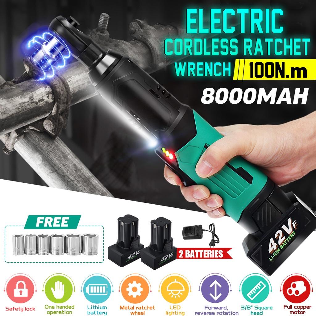 

3/8 Cordless Electric Wrench Ratchet 42V Rechargeable Scaffolding 100Nm Right Angle Wrench Tool + 2 Battery Charger зелёный