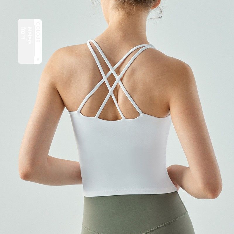 

Yoga Vest Women s Long with Chest Pad Semi-Fixed Cup U-Neck Tight Street Beauty Back Sleeveless Fitness Sports Top Rice White XL