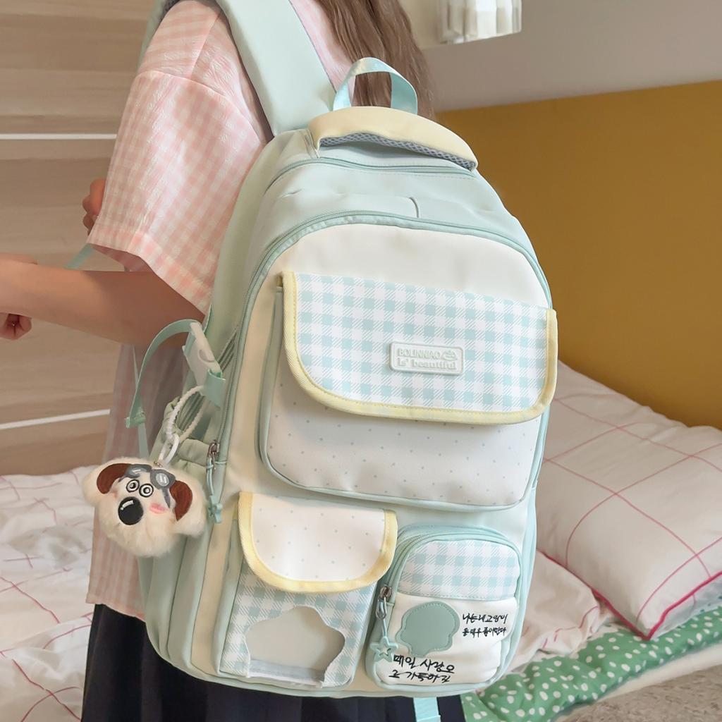 Schoolbag New Japanese Ins Fresh and Sweet Contrasting Color Splicing Plaid Backpack for Junior High School Students, Lightweight and Large-capacity