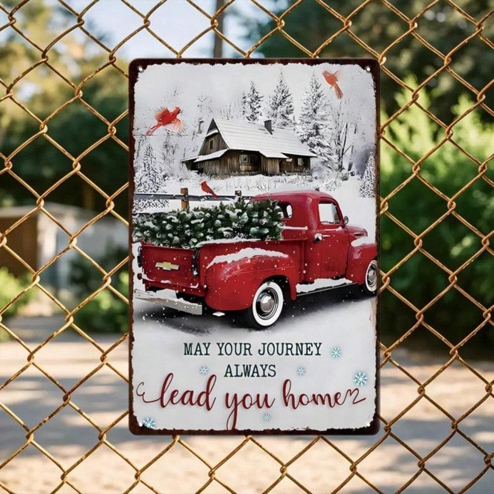 Retro Red Truck Christmas Tin Sign Vintage Farmhouse Wall Art Rustic Metal Decor Kitchen Bar Home Holiday