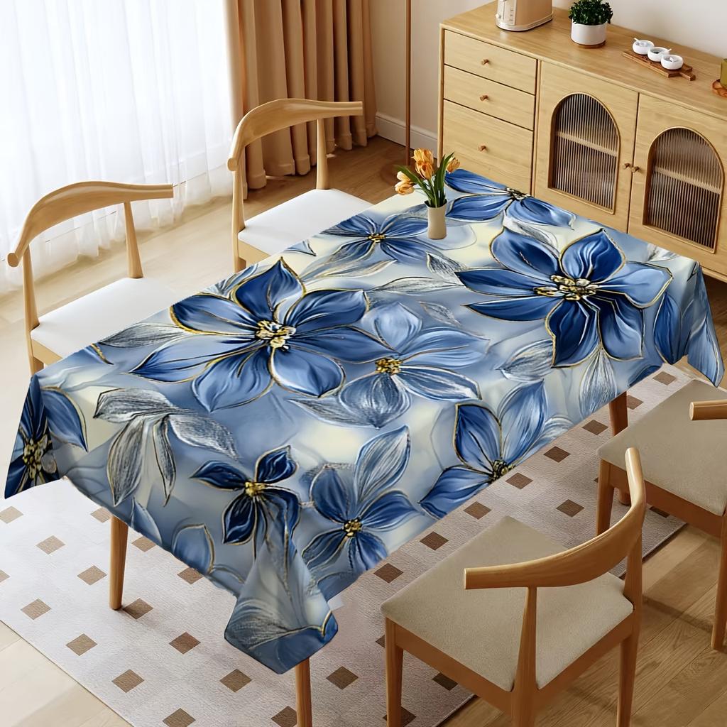 1pc Tablecloth, Blue Flower Polyester Table Cover, Reusable Tabletop Decoration for Kitchen Dining Room Indoor Outdoor Wedding Party Banquet Home Deco