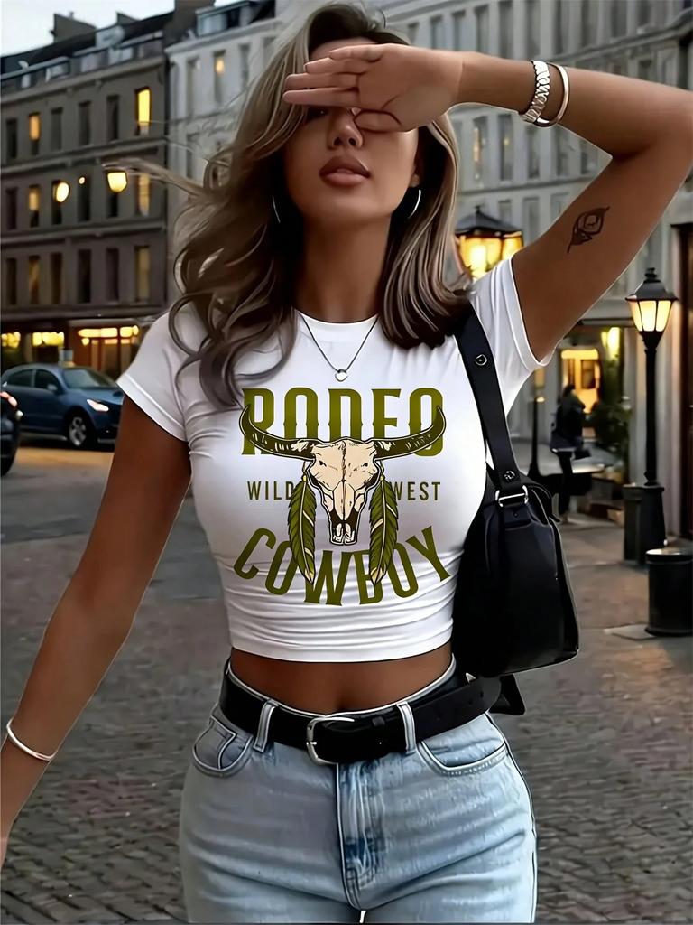 Summer Letter Slim Fit Crew Neck T-Shirt Women's Top Short
