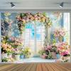 2D Colorful Pastel Flower Backdrop with Arched Window and Floral Arrangements
