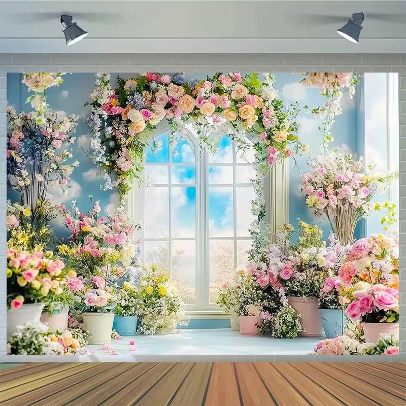 2D Colorful Pastel Flower Backdrop with Arched Window and Floral Arrangements