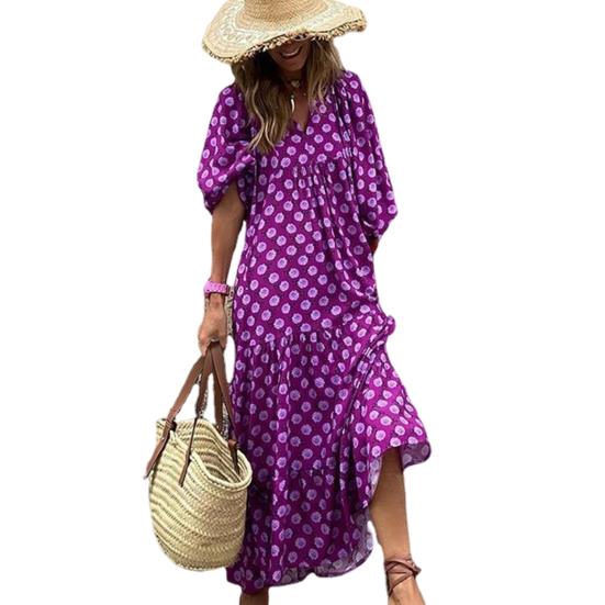 Women Dress V Neck Three Quarter Bubble Sleeve Geometric Print Loose Patchwork A-line Big Hem Flowy