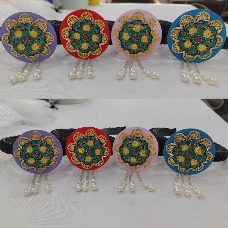 Traditional Korean Hanbok Headband for Women and Girls Blue Glaze and Faux Pearls Hair Hoop Stage Dance Hair Accessory