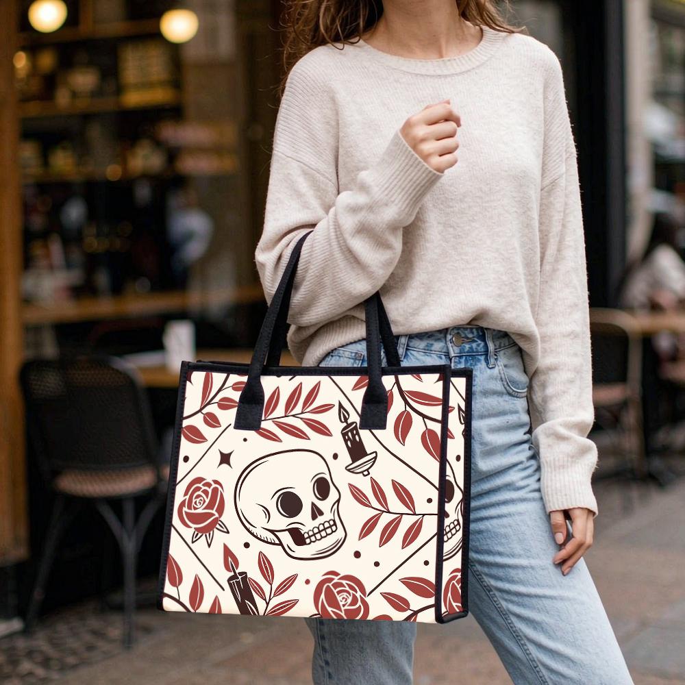 Gothic Skull Rose Print Casual Tote Bag