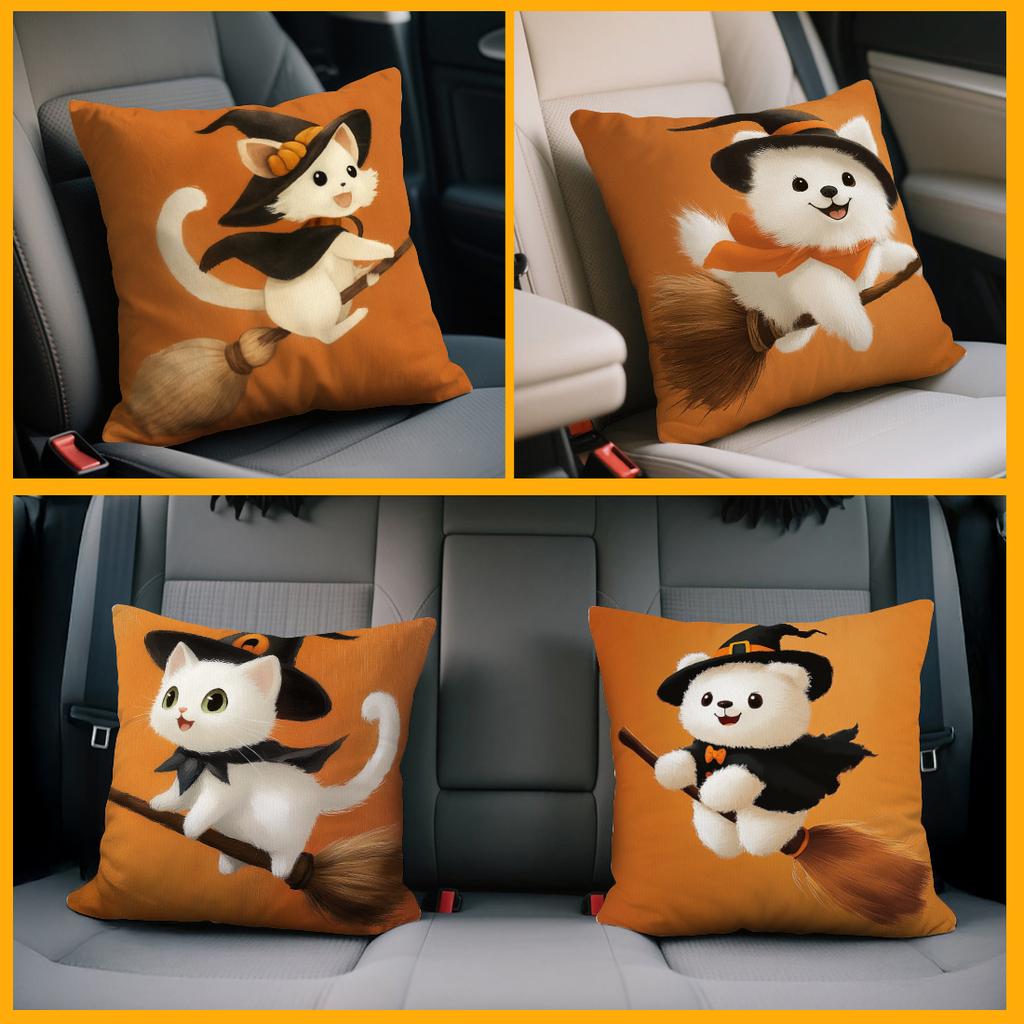 Witch Dog Cat Riding Broom Pillowcase Printed Polyester 45X45Cm Throw Pillowcover Decorative Sofa Cushion Pillowslip Home Decor