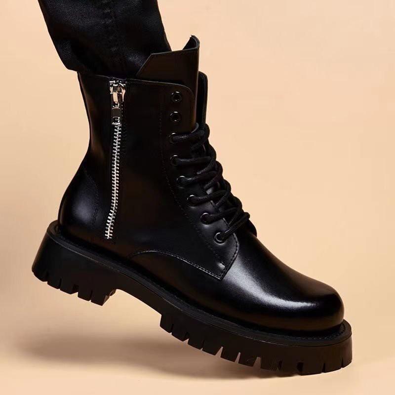 Cool handsome Martin boots women's Korean version tooling boots British high-top thick-bottomed trendy soft leather boots black versatile leather