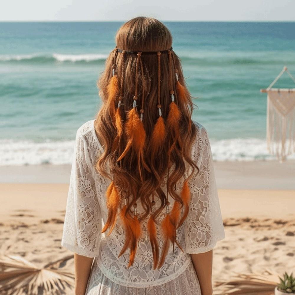 Synthetic Braided Cord Boho Feather Headpiece Adjustable Slide Bead Multi-strand Design Tribal Hair Extension