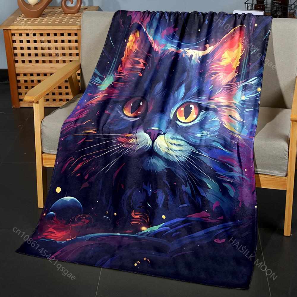 

1PC Cosmic cat with abstract colors Print Blanket Flannel Material Soft Warm for All Seasons Home Outdoor Camping Picnics RV 75x90cm