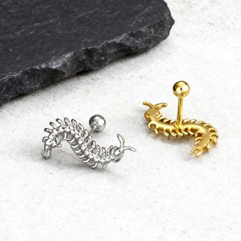 Strange Centipede Stud Earrings Punk Hip Hop Metal Jewelry for Men And Women Unique Gothic Piercing Earrings
