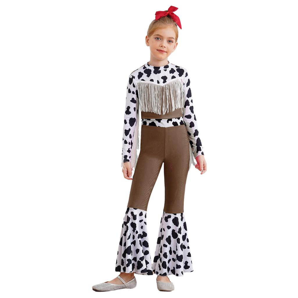 Kids Western Cowboy Costume Long Sleeve High Waist Bodysuit Fringe Cow Print Flared Jumpsuit Halloween Outfit