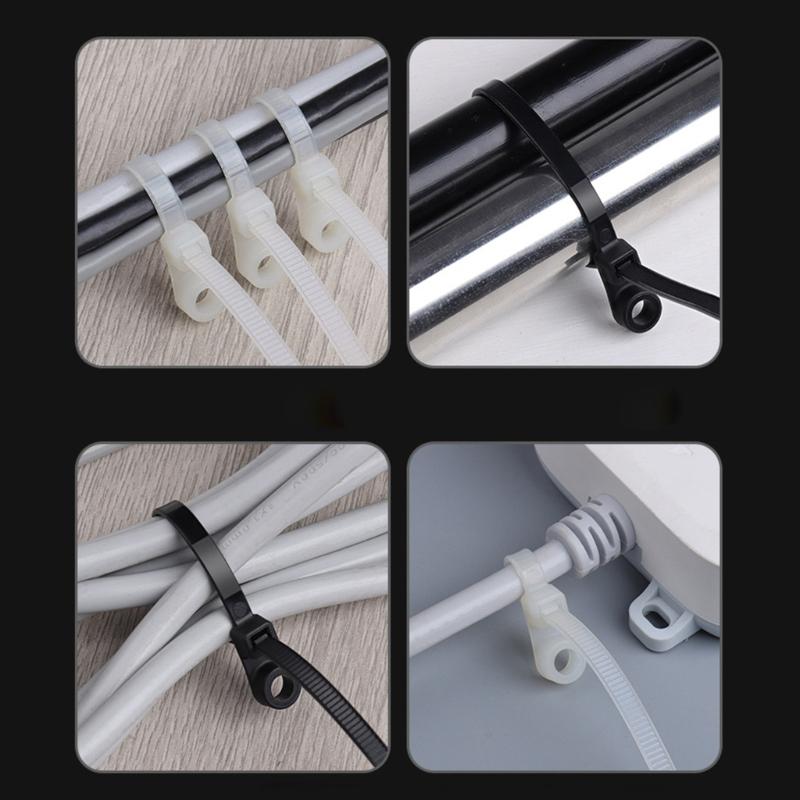 100PCS Automatic Locking Nylon Cable Tie Buckles 18kg Capacity Black White with Screw Mounts for Secure Cord Management