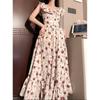 Square Collar Rose Floral Suspender Dress Summer Seaside Vacation Thin Beach Dress Small Fly Sleeves Medium and Long Skirt