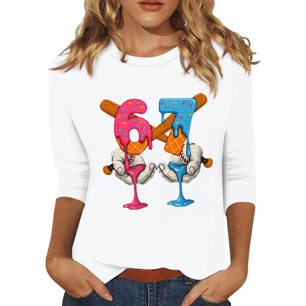 Women's Fashionable Casual Three-Quarter Sleeve Printed Neck T-Shirt Top