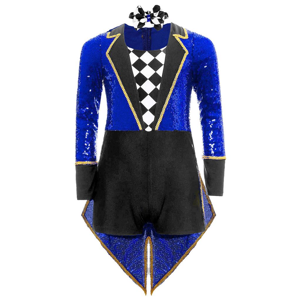 Unisex Kids Circus Magician Costume Long Sleeve Sequins Checkerboard Tailcoat Bodysuit Bow Tie Cosplay Outfit