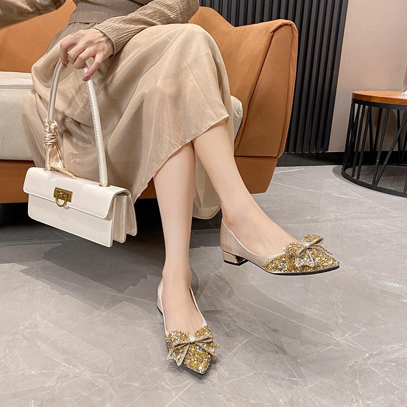 Coarse Heel Single Shoes Women's New Bow Rhinestone High Heels Pointed Head Shallow Mouth Large Size -