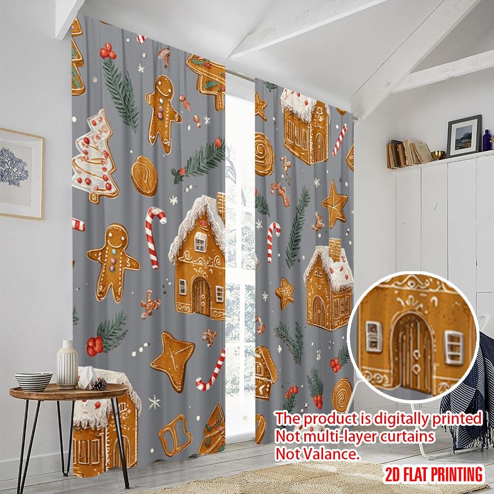 2pcs,2D Plane Printing Popular Curtains Grey Gingerbread Candy Christmas Tree Sugar People Lovely Merry Christmas Versatile