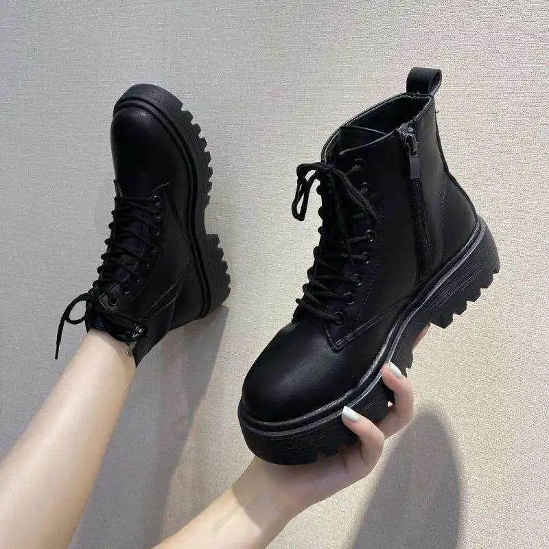 Fashion Popular Autumn New Korean Fashion Handsome Lace-up Motorcycle Boots Net Red Thick-soled Casual Round Toe Boots Womendd4