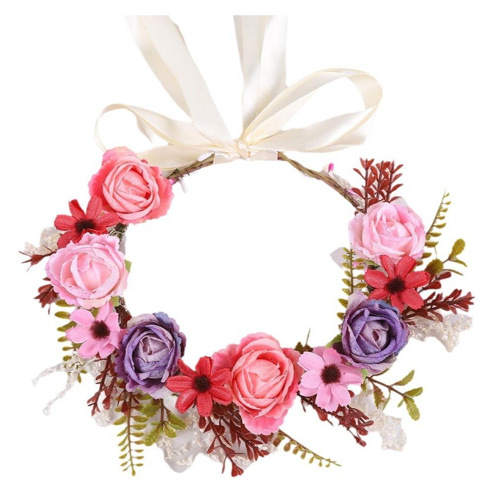 Fabric Garland Flower Headdress Adjustable Ribbon Flower Wreath Flower Crown  Bridal Wedding розовый