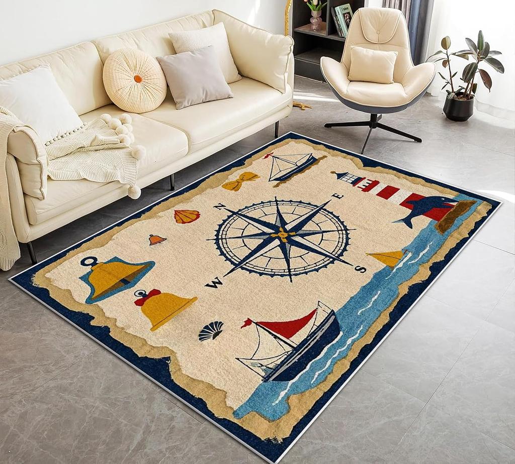 Vintage Nautical Compass Rugs Washable Compass Area Rugs,Cute Lighthouse Whale Shell Carpet,Nautical Theme Non Slip Floor Mat