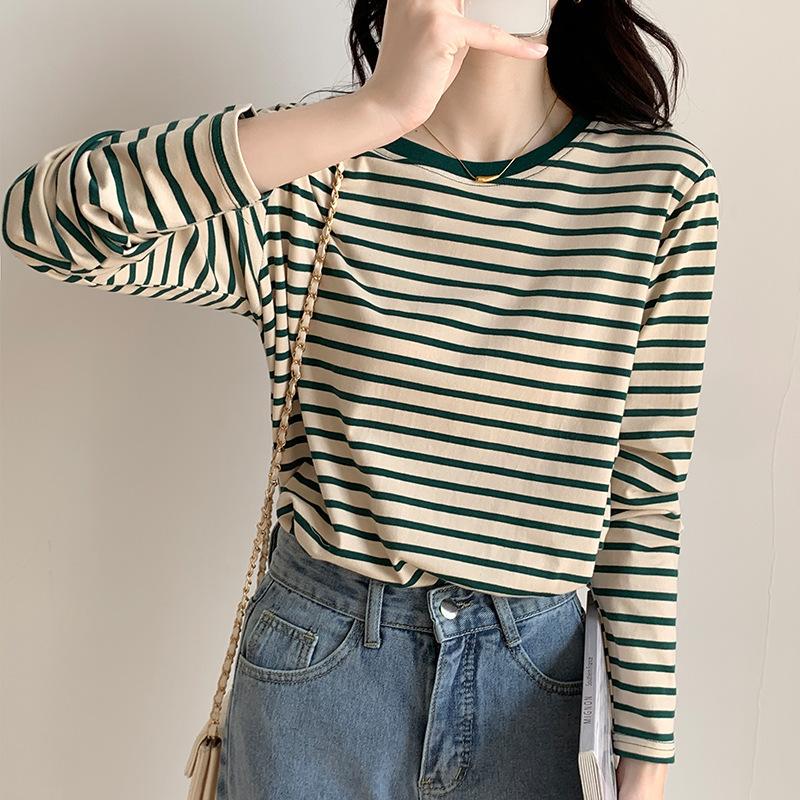Early Autumn Stripe Base Layer Women Round Neck Loose Versatile Long Sleeve Tee Casual Cotton Top Thin